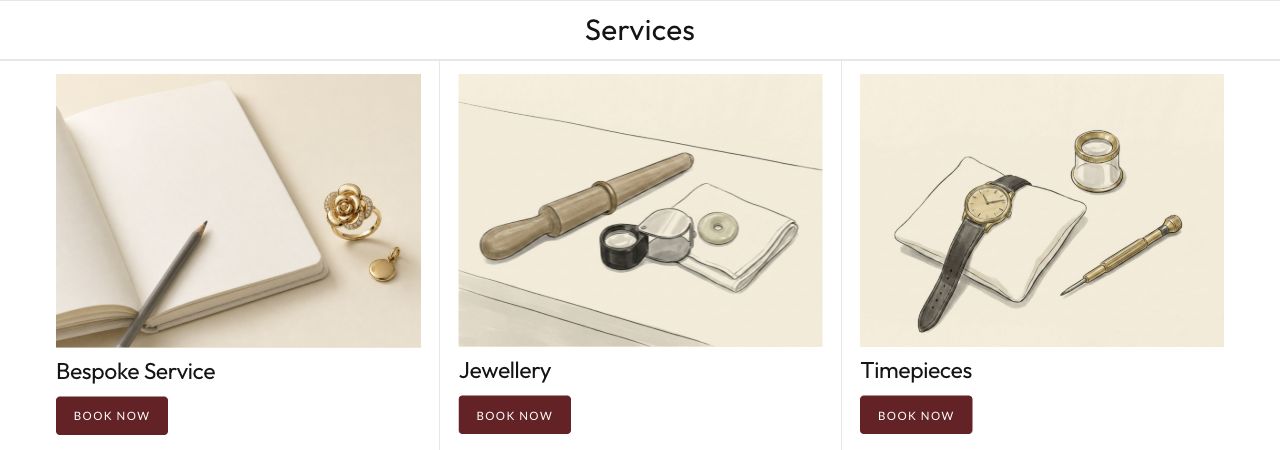 Cropped services page showing Bespoke Service, Jewellery and Timepieces, each with a Book Now button.