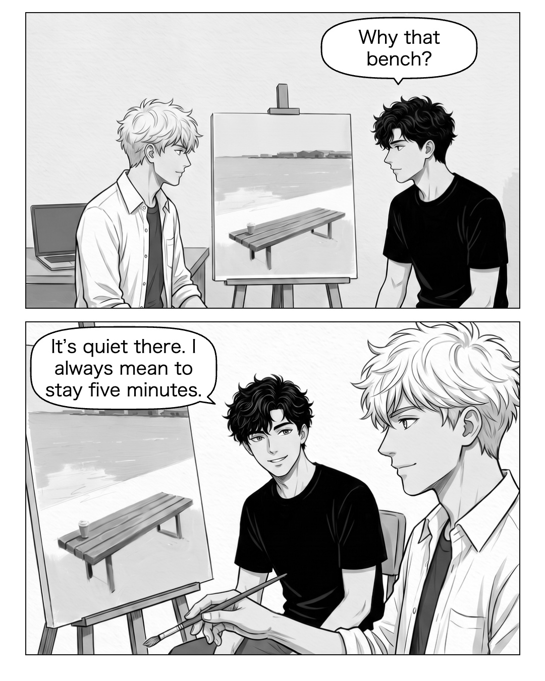 Both look at the board from a distance. Ren’s laptop remains closed. Ritsu glances at the spare chair, then back to the painted harbour bench, his brush hand relaxed. He leaves the sentence about five minutes unfinished with a small smile. Ren smiles at the recognisable habit and stays; he does not need to explain or complete it. Ren: Why that bench? Ritsu: It’s quiet there. I always mean to stay five minutes.