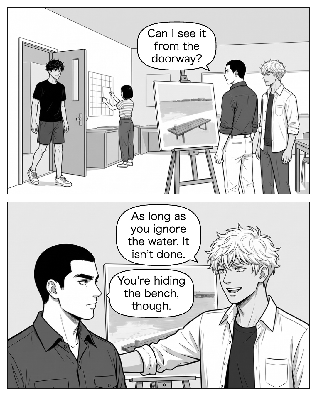 Ren enters the workroom at the agreed afternoon time. Nao and Ritsu stand a full step back from the harbour board; Aya is arranging wall dimensions. Ritsu shifts slightly in front of the board, then answers too quickly with an easy grin that does not reach his eyes. Nao: Can I see it from the doorway? Ritsu: As long as you ignore the water. It isn’t done. Nao: You’re hiding the bench, though.