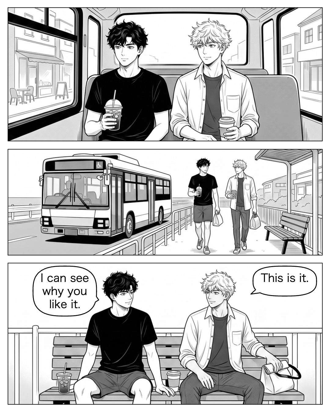 One chosen travel image: Ren and Ritsu sit side by side on the local bus after paying at the café. The café and familiar stop are receding through the window. They have takeaway coffees and the breakfast bag; do not depict departure and harbour arrival simultaneously in one shot. At the harbour stop, the bus has just pulled away behind them. They step onto the established railing path toward the bench, carrying the same takeaway cups and breakfast bag. Arrival is the moment of this panel. Ritsu sits at one end and moves his bag off the other place. Ren sits beside him. Ritsu: This is it. Ren: I can see why you like it.