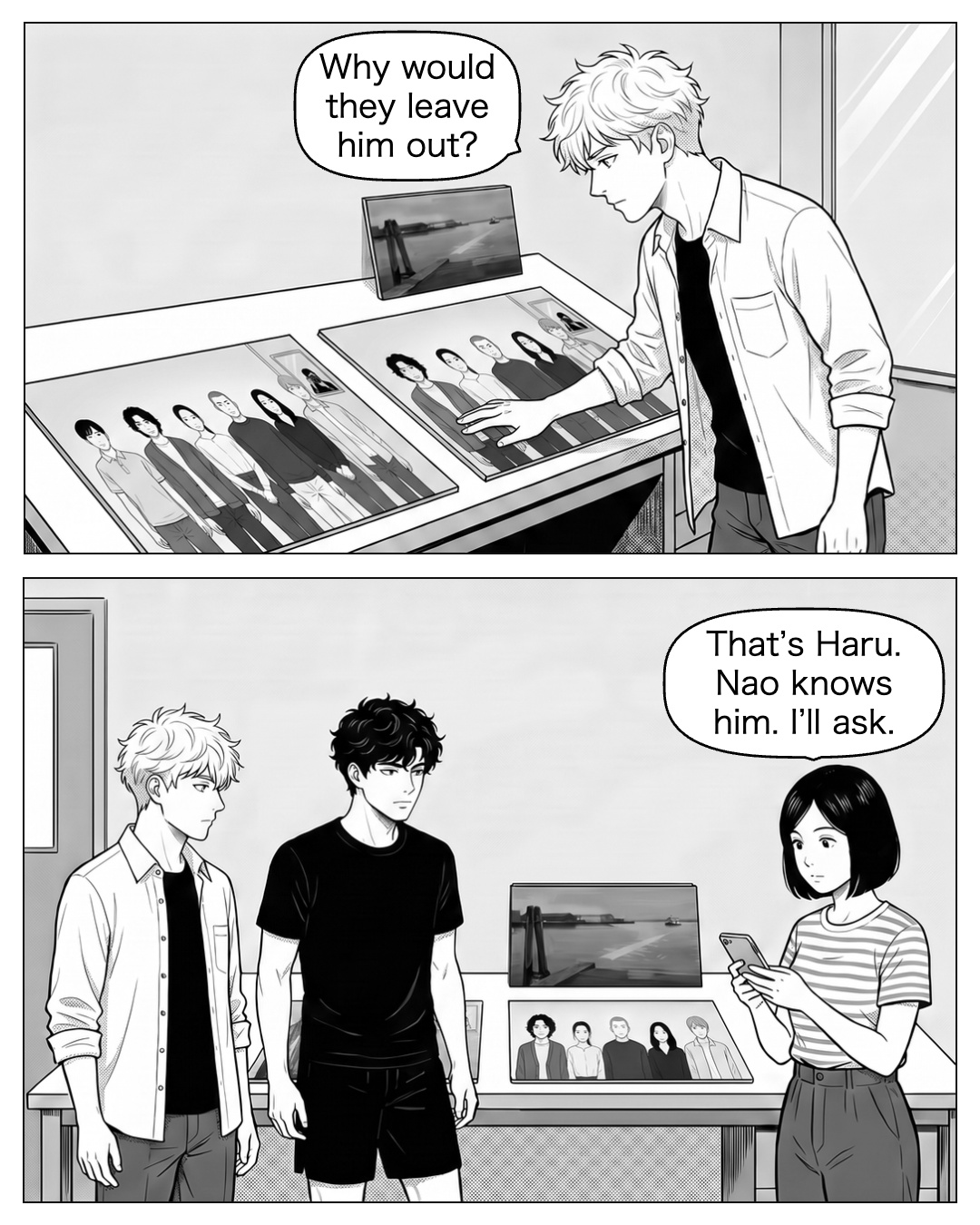 Ritsu notices the missing far-left student. The separate photographer reflection at the right is visible but not explained yet. Ren leaves the two versions side by side instead of publishing either. They look toward Aya, who checks the box’s contact list on her phone. Ritsu: Why would they leave him out? Aya: That’s Haru. Nao knows him. I’ll ask.