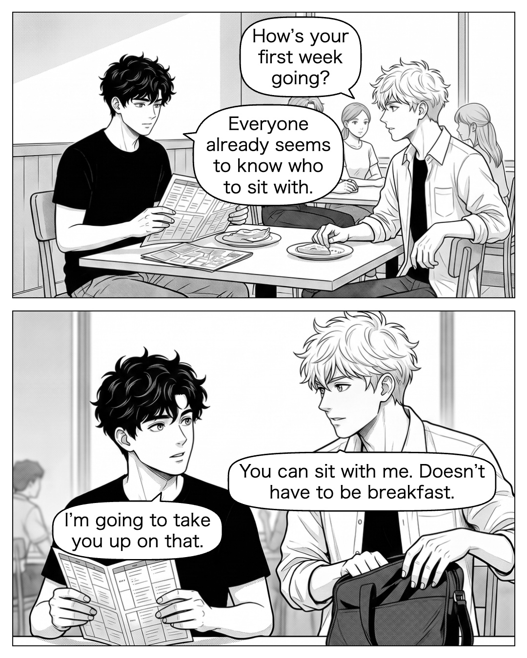 Ren unfolds his course timetable, then looks toward a neighbouring table of classmates who arrived together. The folded campus map is beside his plate. His answer admits a particular discomfort in starting university life abroad; he does not hand Ritsu a problem to solve. Ritsu moves his bag off the adjacent empty chair while keeping Ren’s gaze. Ren folds the timetable and lets the small invitation be personal rather than an obligation to help. His reply is quieter than the breakfast jokes. Ritsu: How’s your first week going? Ren: Everyone already seems to know who to sit with. Ritsu: You can sit with me. Doesn’t have to be breakfast. Ren: I’m going to take you up on that.