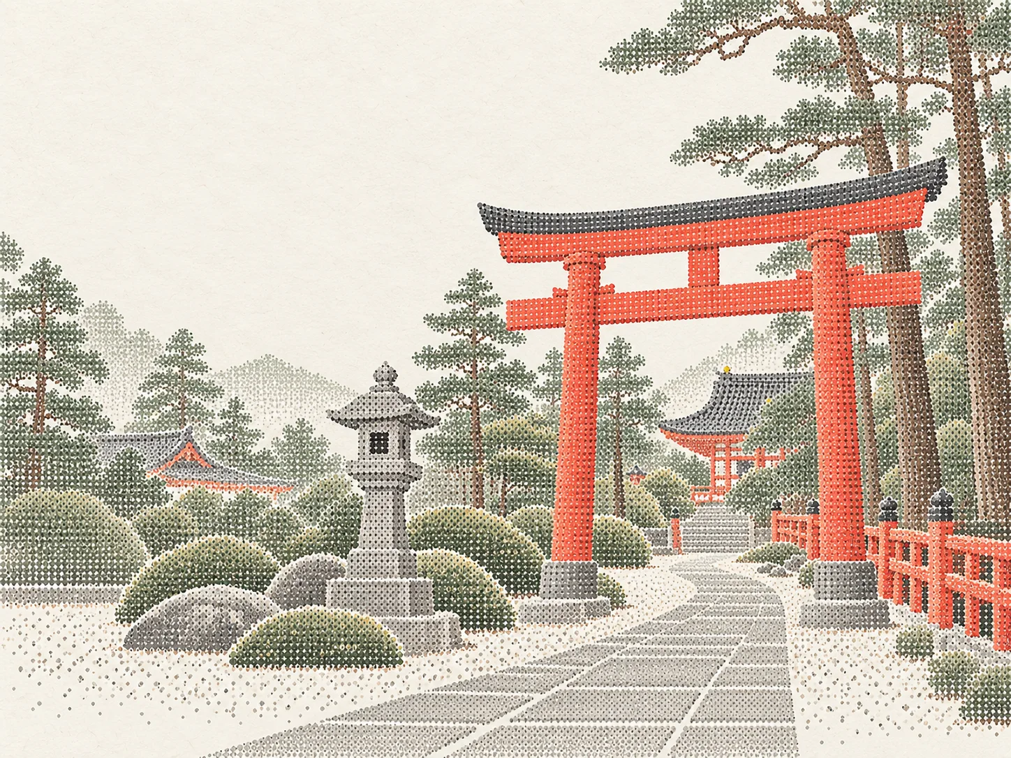 A dotted illustration of a vermilion torii, stone path and pine trees