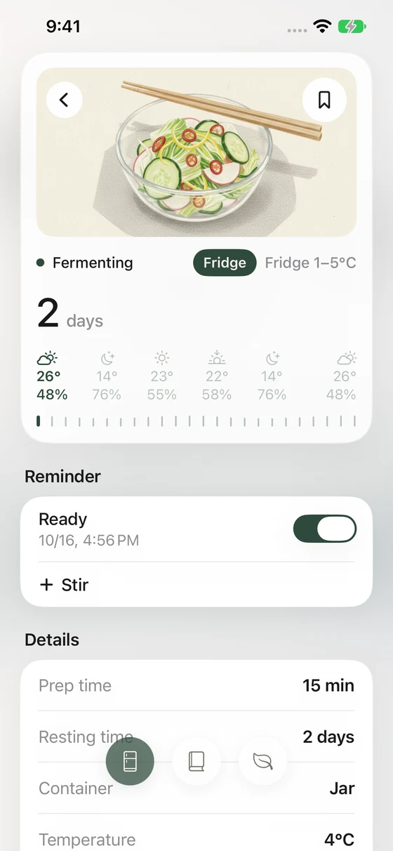 A jar in Hozon with its recipe, start time and pickling progress.