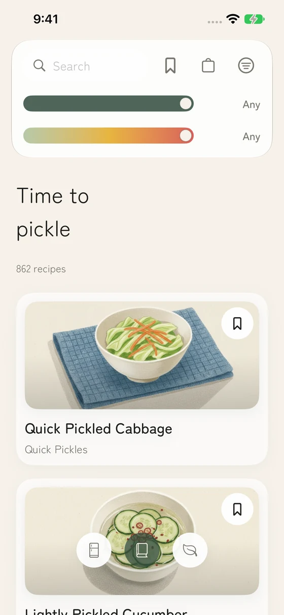 Hozon’s recipe library showing Quick Pickled Cabbage and Lightly Pickled Cucumbers.