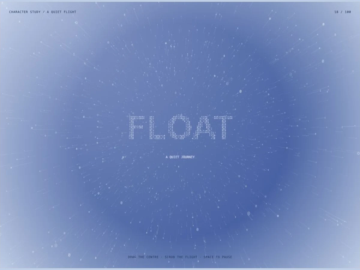 淡い青紫の文字空間。細い軌跡と小さな印でつくられたFLOATの文字