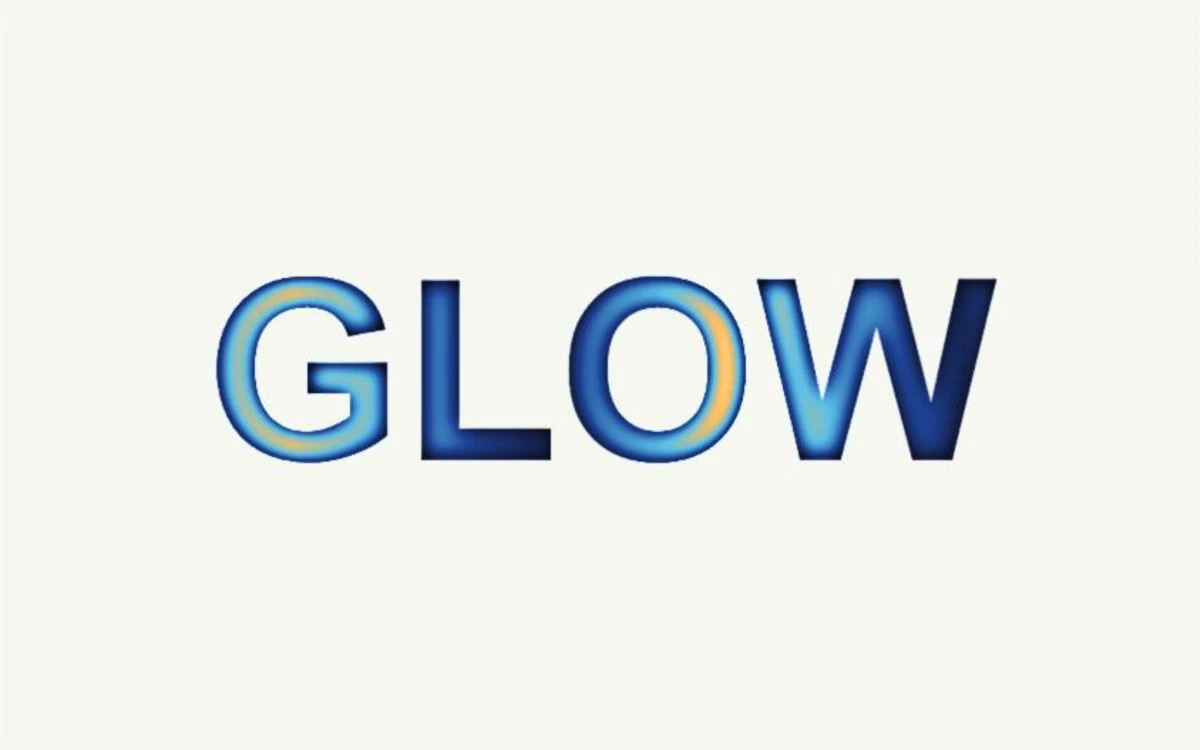 クリーム背景に青と金の反射を持つGLOWの金属文字