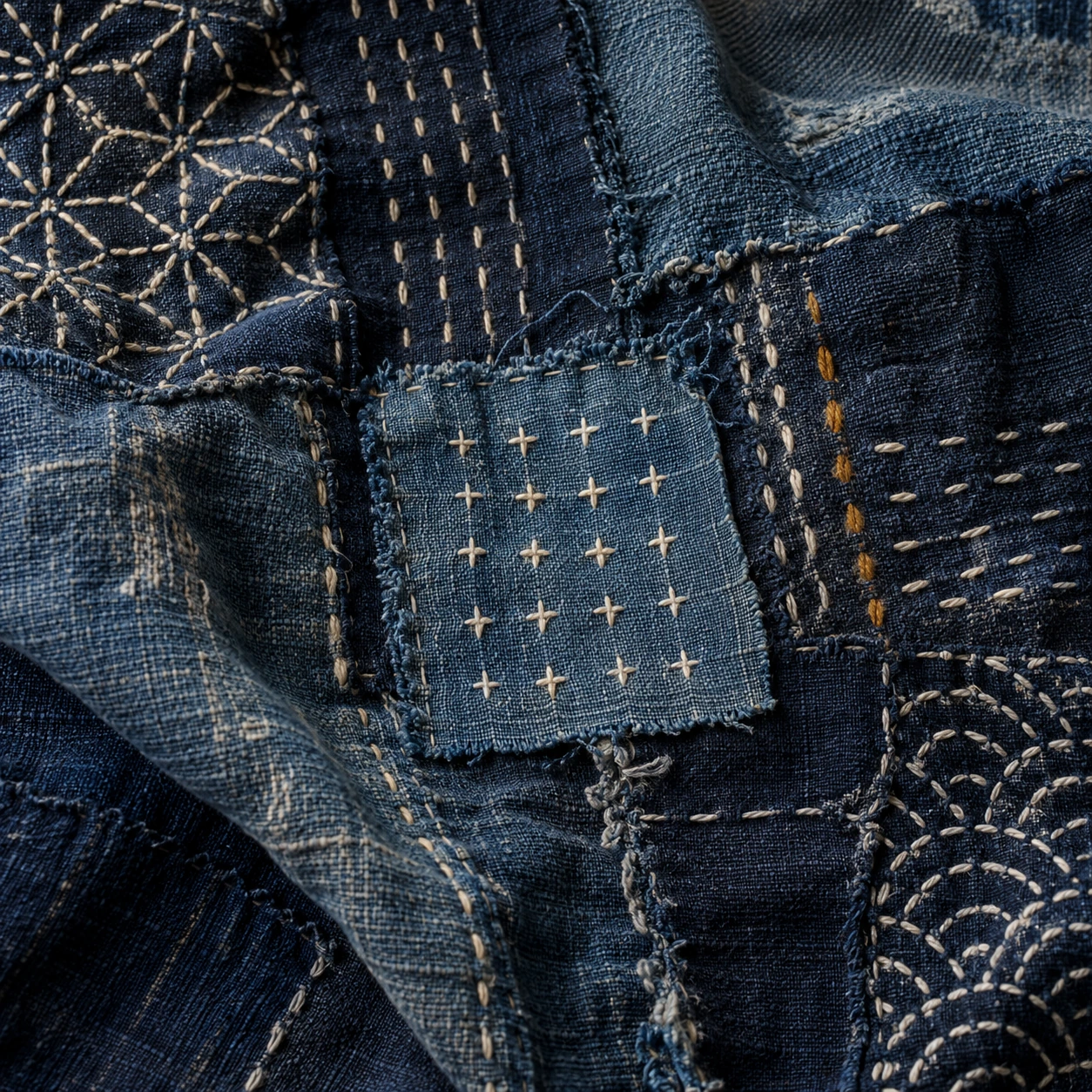 Realistic illustration of worn indigo cloth repaired with blue patches and ivory sashiko stitching.