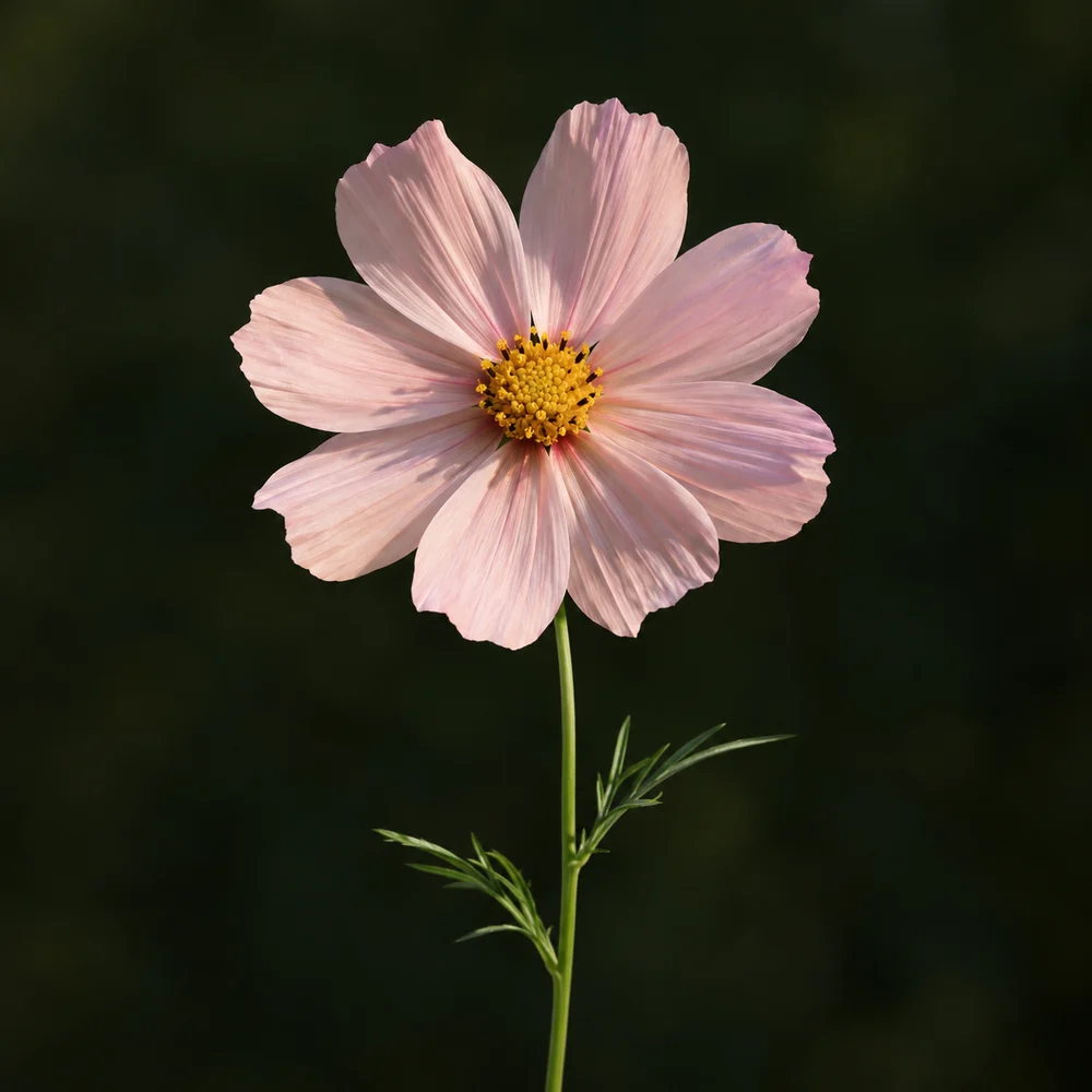 A pale pink cosmos flower with its slender stem.